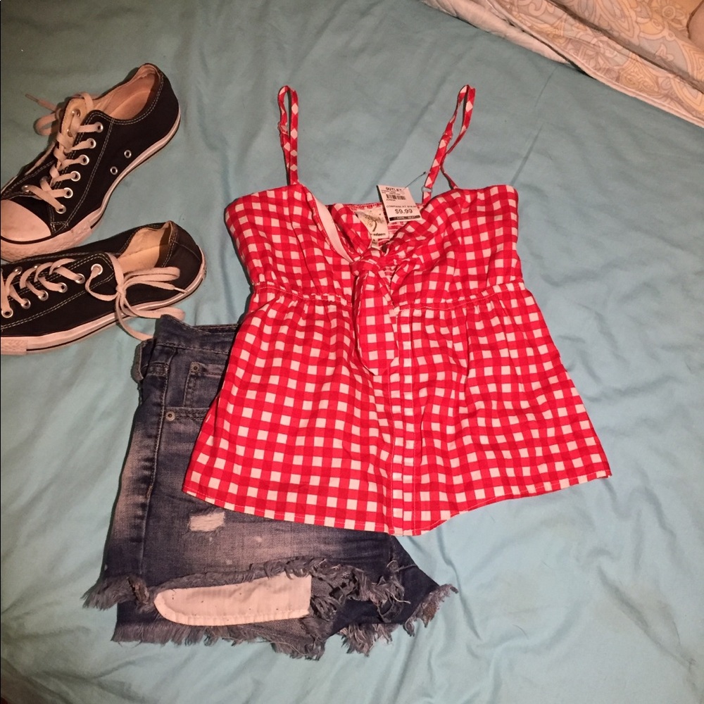 New with tags red checkered print button up tank